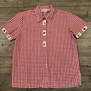 VTG Bechamel Checkered Red White Button Up Cherry Print Women Top Size L Country